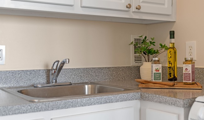 kitchen with white cabinets